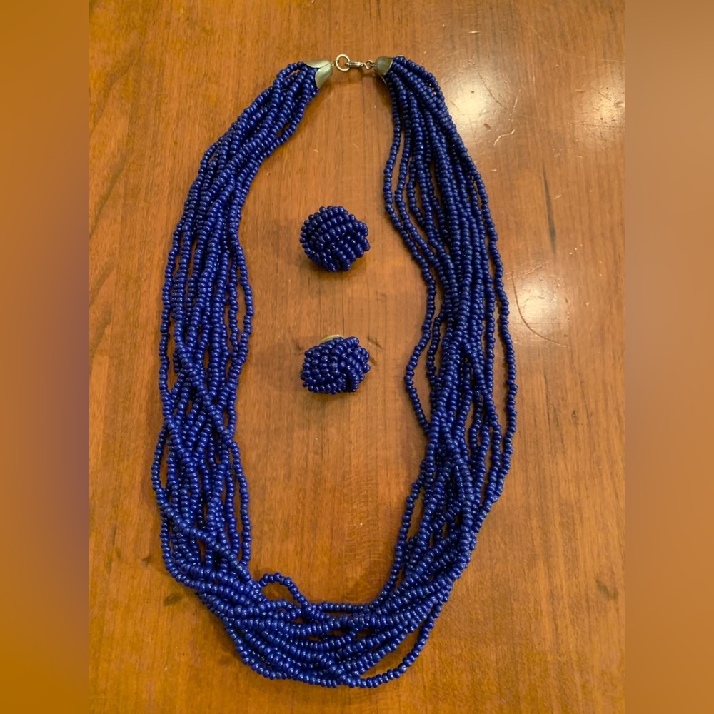 Blue beaded, multi strand, twisted Necklace and coordinating Earrings